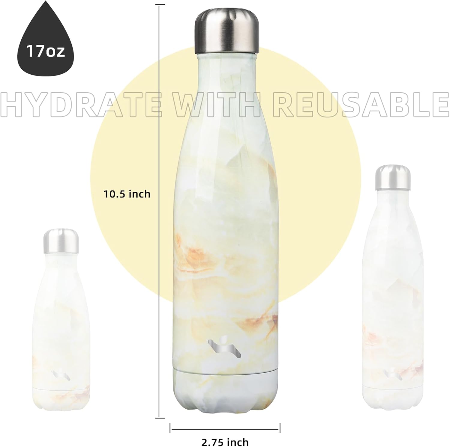 Botellas de agua aisladas, termo de acero inoxidable de doble pared de 17 onzas para viajes deportivos, mármol y jade