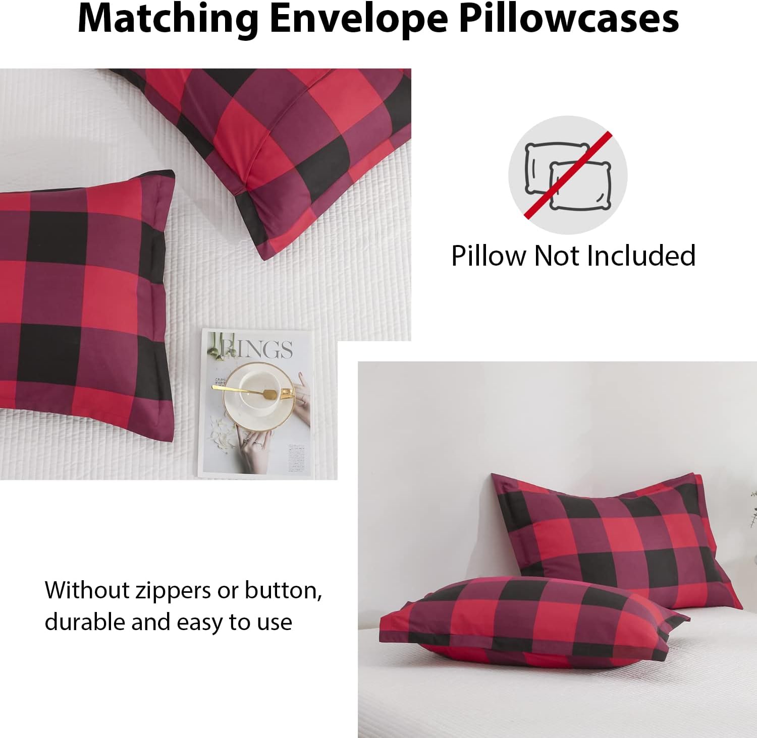 LUCKYBULL Juego de edredón tamaño matrimonial de 3 piezas, juego de ropa de cama esponjoso a cuadros rojos, edredón alternativo a cuadros de búfalo