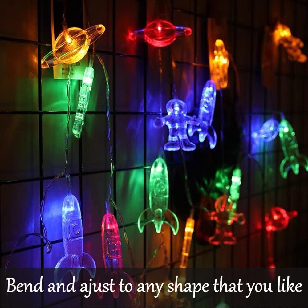 Guirnalda de 30 luces LED para habitación de niños de 16.4 pies, astronauta, nave espacial, cohete, luces temáticas de vacaciones para guardería,