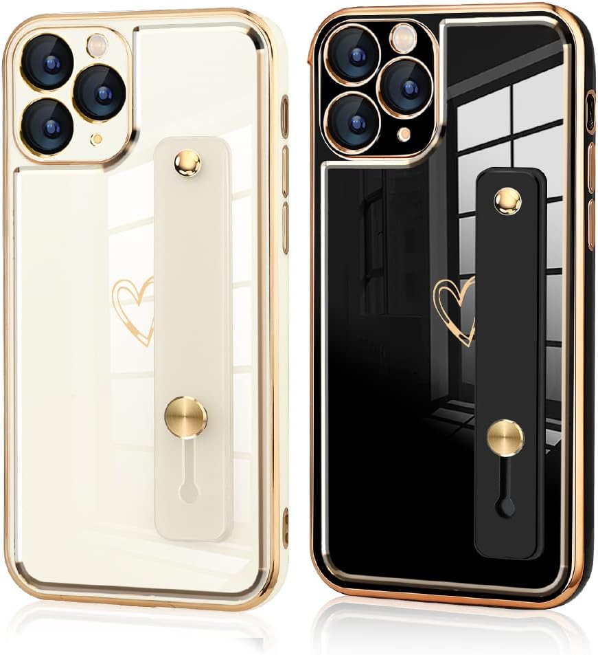KANGHAR Funda diseñada para iPhone 11 Pro Max con correa para la muñeca, diseño de corazón chapado en oro, funda protectora delgada de cuerpo
