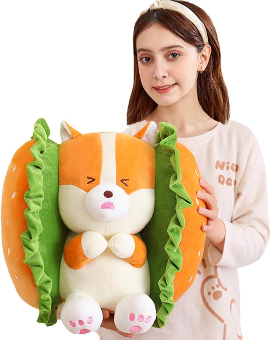 ELAINREN Hamburger Corgi – Peluche de perro de peluche de Shiba Inu, linda almohada de felpa suave con hamburguesa con queso, muñeca de peluche para