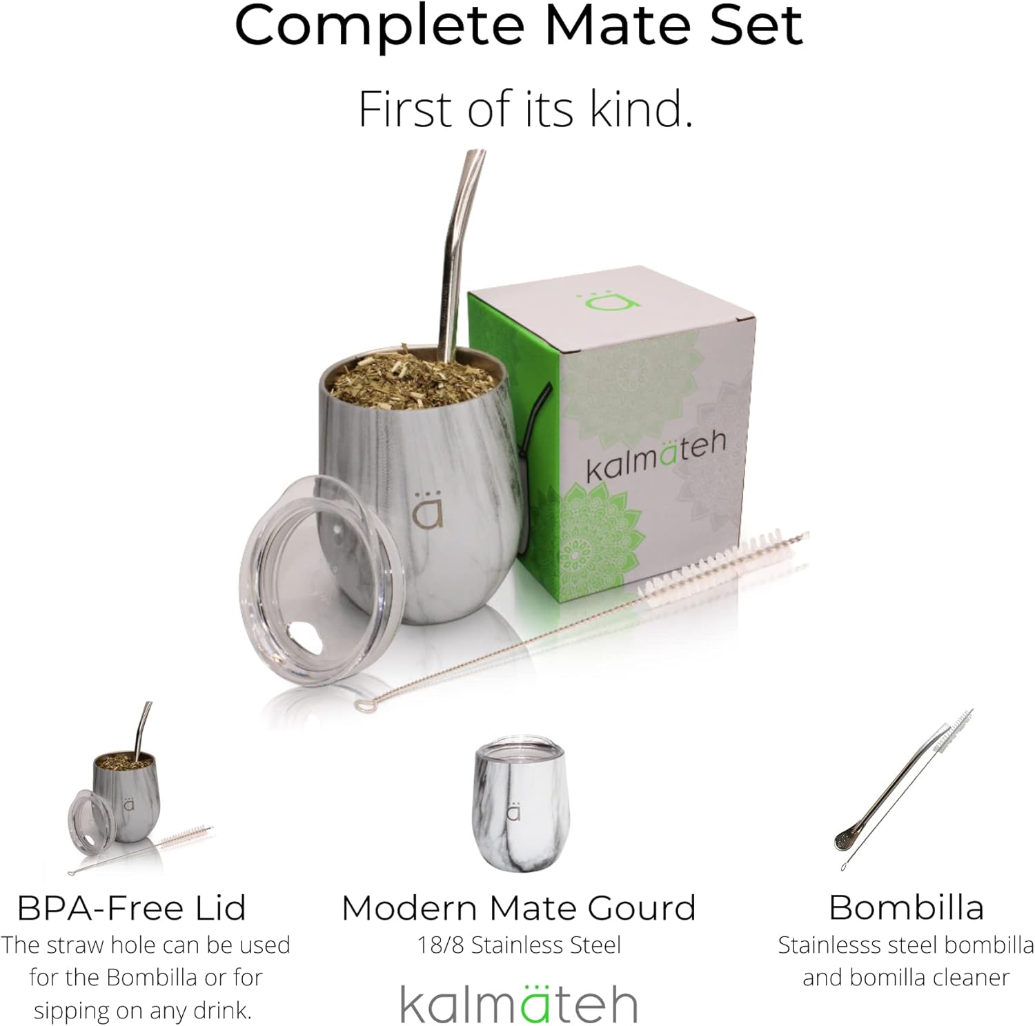 Kalmateh Yerba Mate Gourd – Acero inoxidable de doble pared con tapa sin BPA, filtro de bombilla y limpiador de bombilla, verde camuflaje, 8 onzas