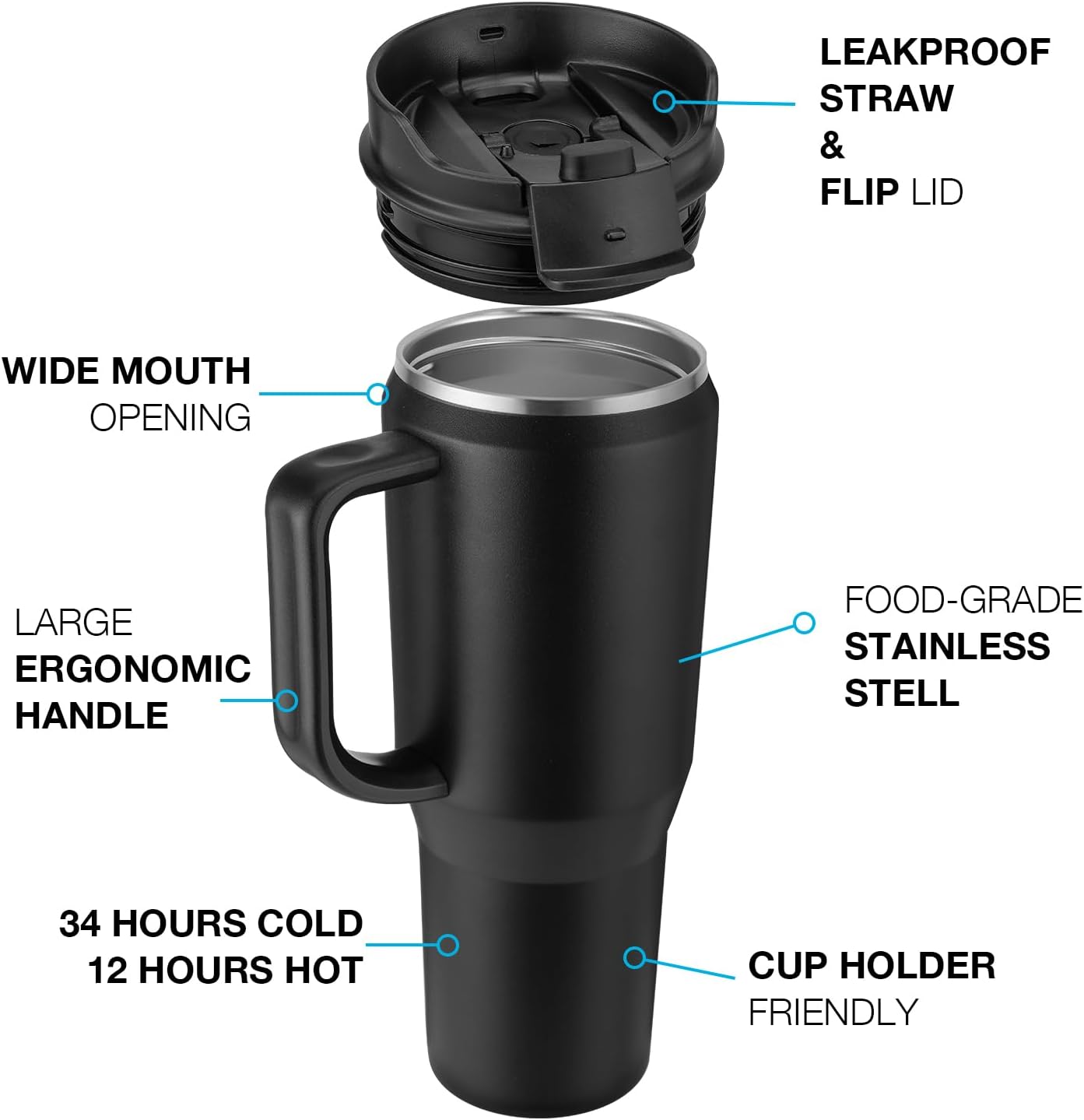 EALGRO Botella de agua aislada de 40 onzas con popote y asa, frasco de agua deportivo de metal grande, taza de café de viaje de acero inoxidable,
