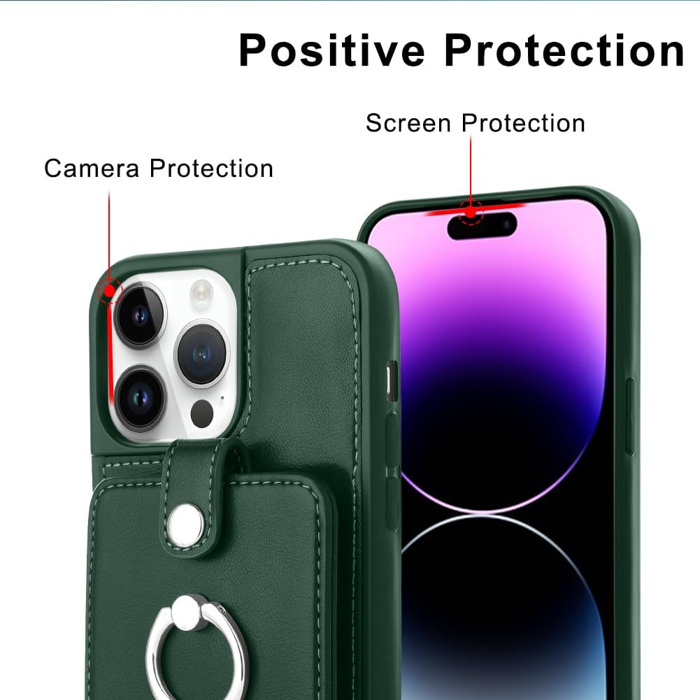 MZELQ Funda para iPhone 14 Pro Max, tarjetero y soporte de cuero con anillo mental para iPhone 14 Pro Max + protector de pantalla, ranura para