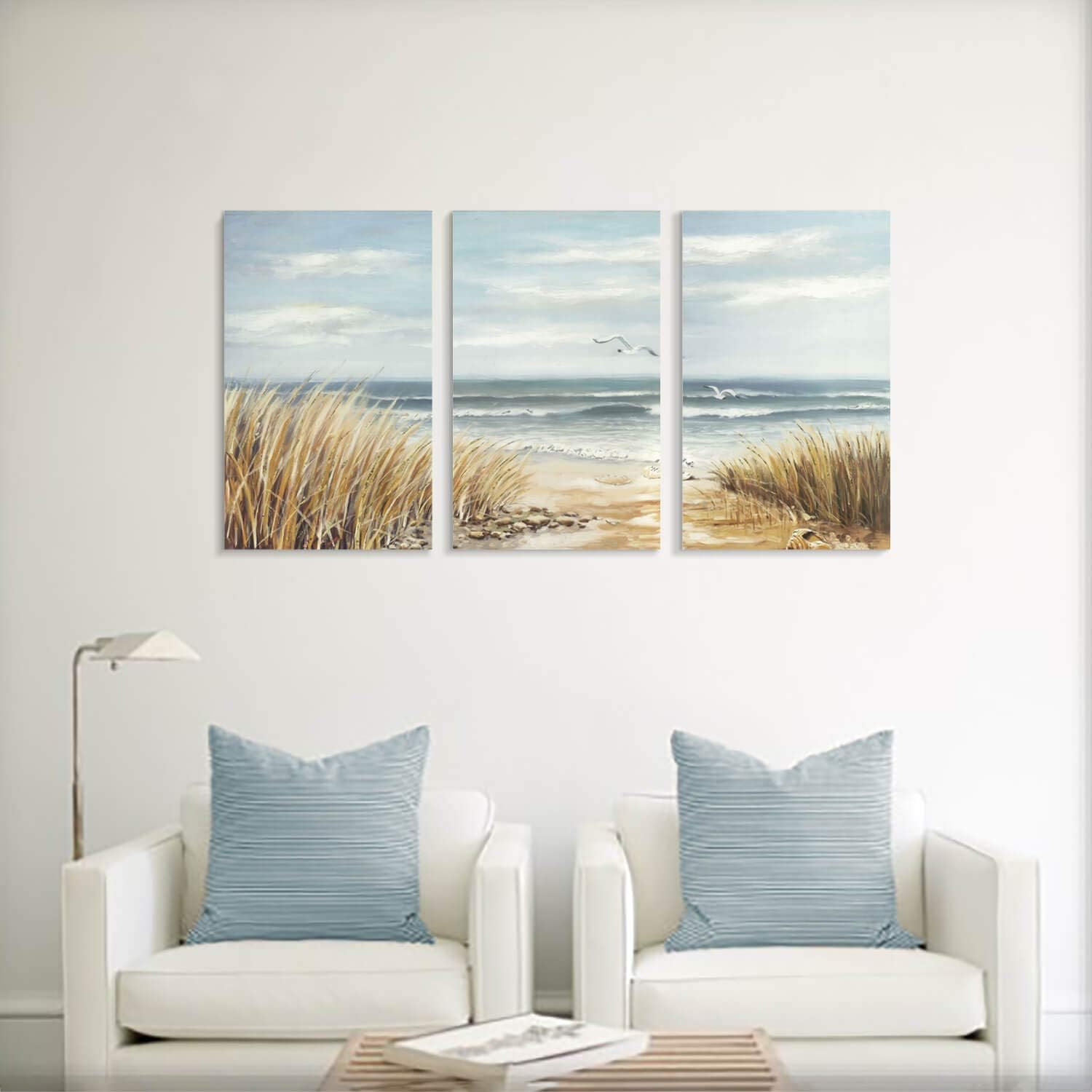 Lienzo abstracto de playa para pared gramíneas de orilla del mar, pintura de paisaje marino para paredes (26 x 16 x 3 paneles)