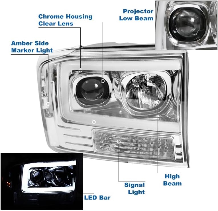 ZMAUTOPARTS Faros delanteros de proyector LED cromados con DRL blanco de 6.25 pulgadas, compatible con Ford F250 F350 F450 Super Duty 1999-2004