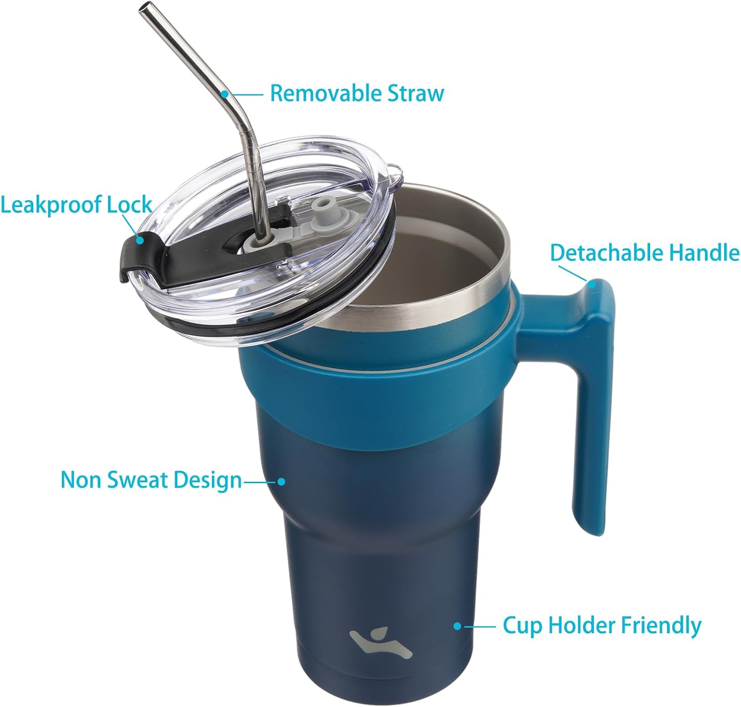 Vaso de 30 onzas con asa y 2 pajillas, 2 tapas, botella de agua aislada de acero inoxidable al vacío, taza de viaje reutilizable, color negro índigo