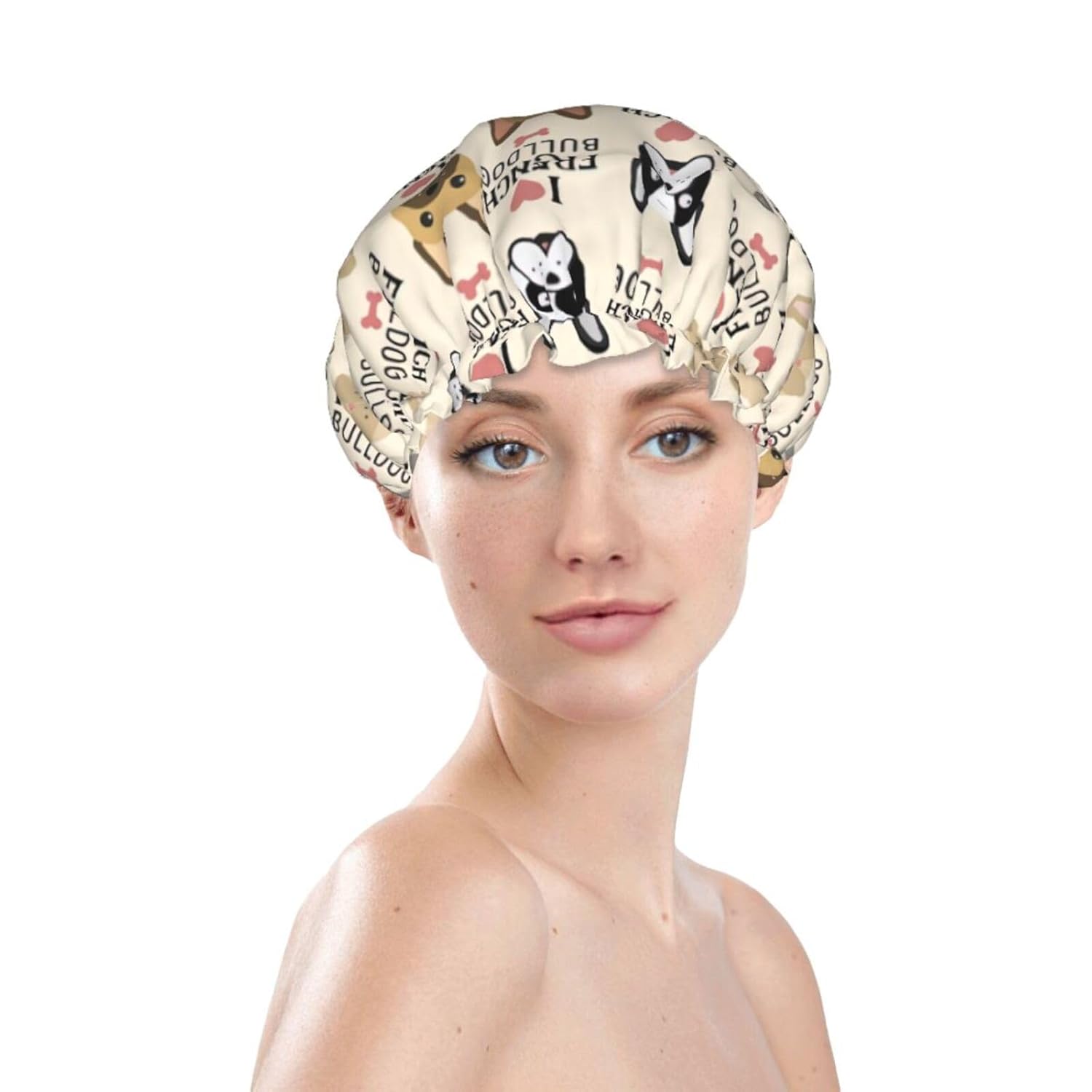 Gorro de ducha de perro francés para mujer, elástico y reutilizable, doble capa impermeable sombrero de baño