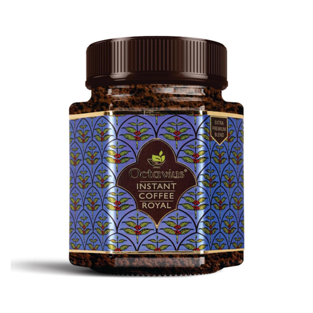 Octavius Royal Instant Coffee, café molido indio de tostado medio oscuro, perfectamente equilibrado, siempre suave, fabricado con granos 100% del