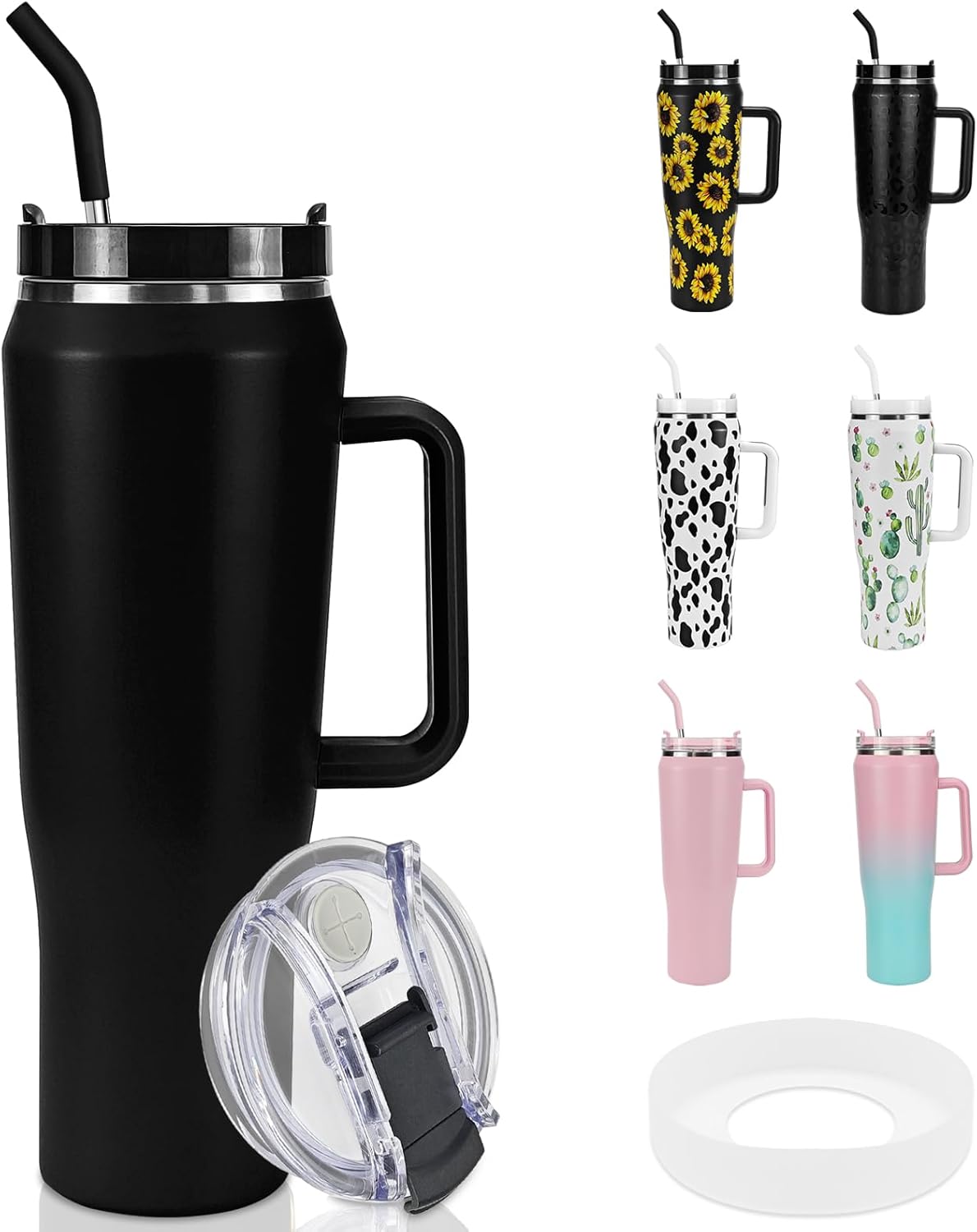 Vaso con asa y pajita, acero inoxidable de 50 onzas, doble pared aislada al vacío, taza de viaje con tapa de dos tornillos y posavasos de silicona,