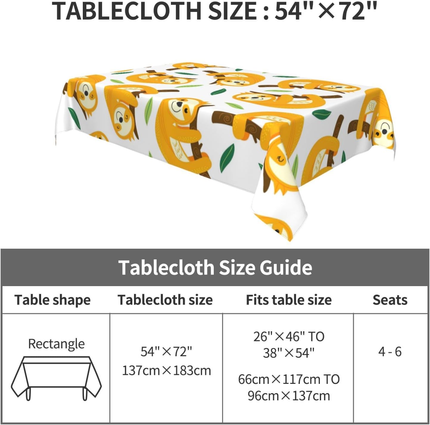 Mantel rectangular impermeable de perezoso para mesa de pícnic, 54 x 72 pulgadas, lavable de poliéster, para fiestas, cumpleaños, bodas, vacaciones