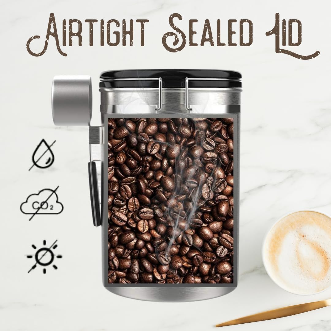 Kitcoff Recipiente de café molido con rastreador de fecha, válvula de liberación de CO2 y cuchara medidora, hecho de acero inoxidable con tapas