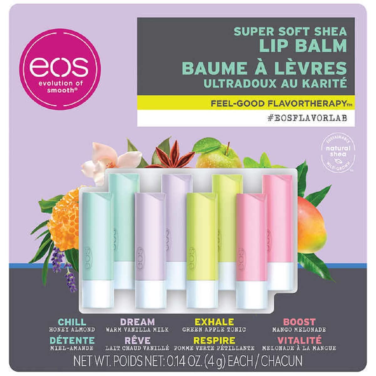 eos FlavorLab 2021 – Bálsamo labial de karité súper suave, paquete de 8, 2 almendras de miel, 2 leche tibia de vainilla, 2 tónicos de manzana verde,