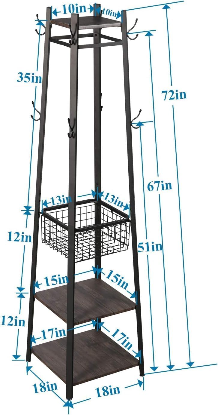 VECELO Perchero independiente, árbol de pasillo con cesta de metal y estantes de almacenamiento, perchero industrial con 8 ganchos para colgar