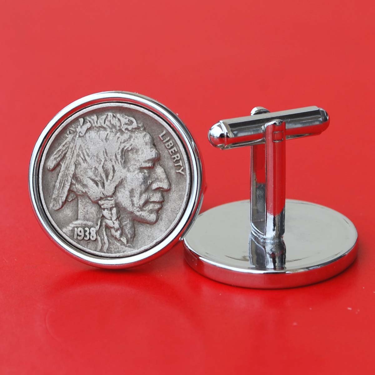US 1938 Indian Head Buffalo Nickel Coin Silver Plated Cufflinks NEW
