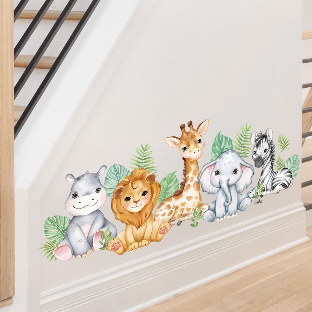 Adhesivo de pared con diseño de animales del bosque, acuarela, selva, elefante, león, cebra, jirafa, bebé, cuarto de niños, sala de juegos,