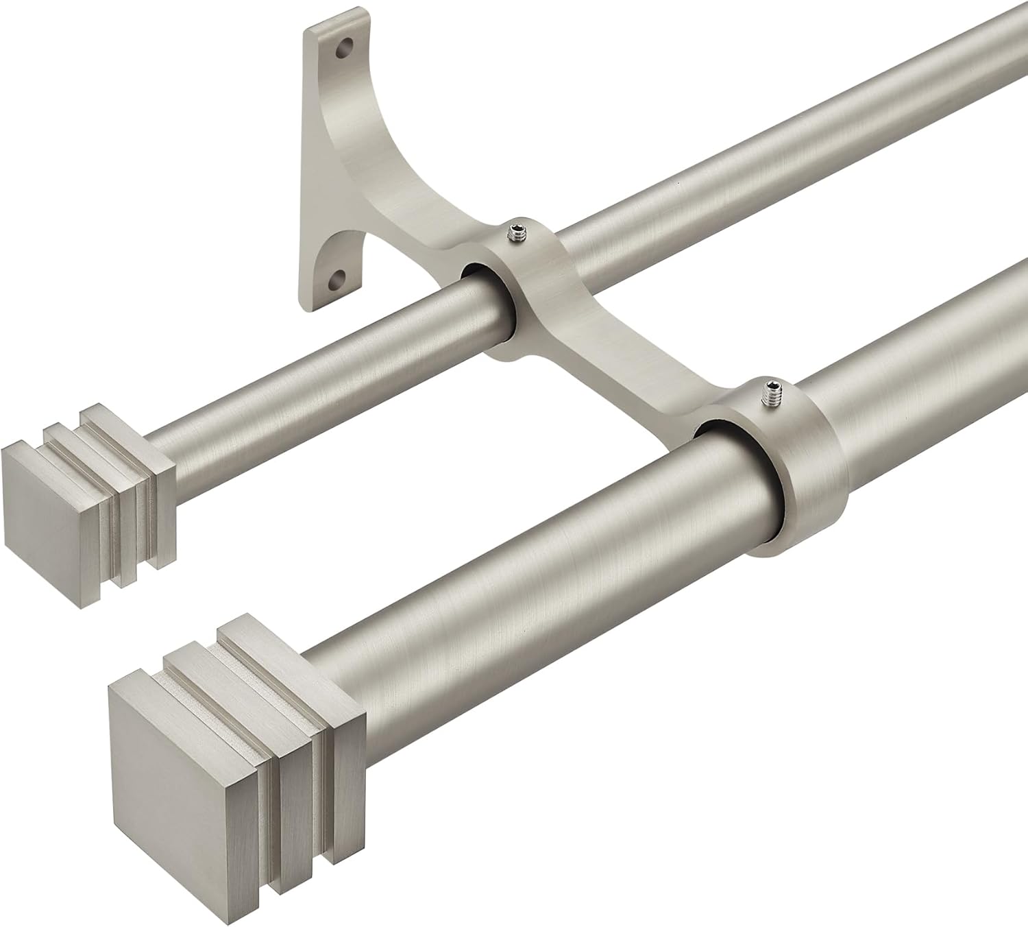 Mayrhyme Barras de cortina dobles con soportes envolventes completos de aluminio y remates de caja de cubos, barras de cortina de níquel cepillado
