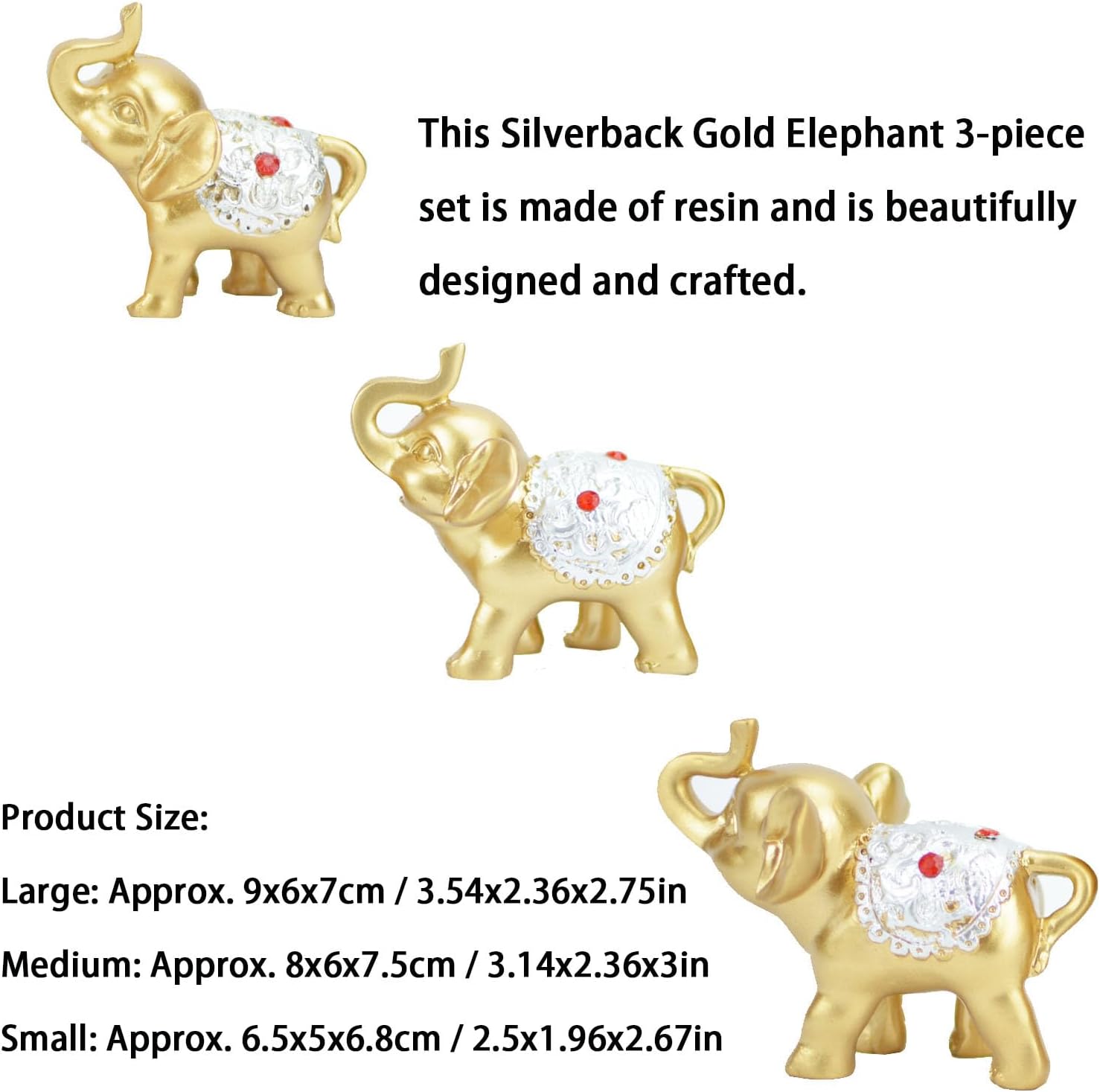 Silverback – Juego de 3 piezas de elefante dorado que trae buena suerte y salud, figuras de elefante Feng Shui para sala de estar, gabinete de vino,