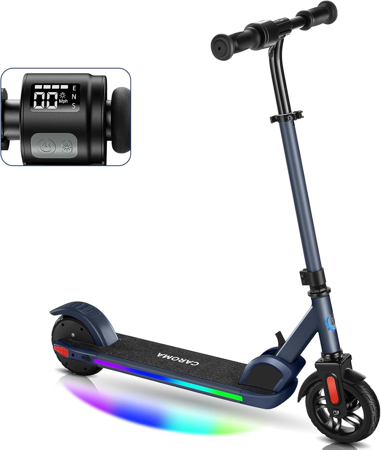 Caroma Scooter eléctrico para niños de 6 a 14 años, motor de 120 W150 W, 10 mph, 80 minutos de tiempo de conducción, velocidad y altura ajustables,
