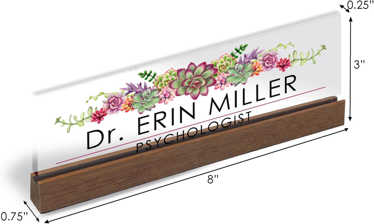 Artblox Placa de identificación personalizada de oficina para escritorio con tarjetero en vidrio acrílico transparente, diseño de flores suculentas,