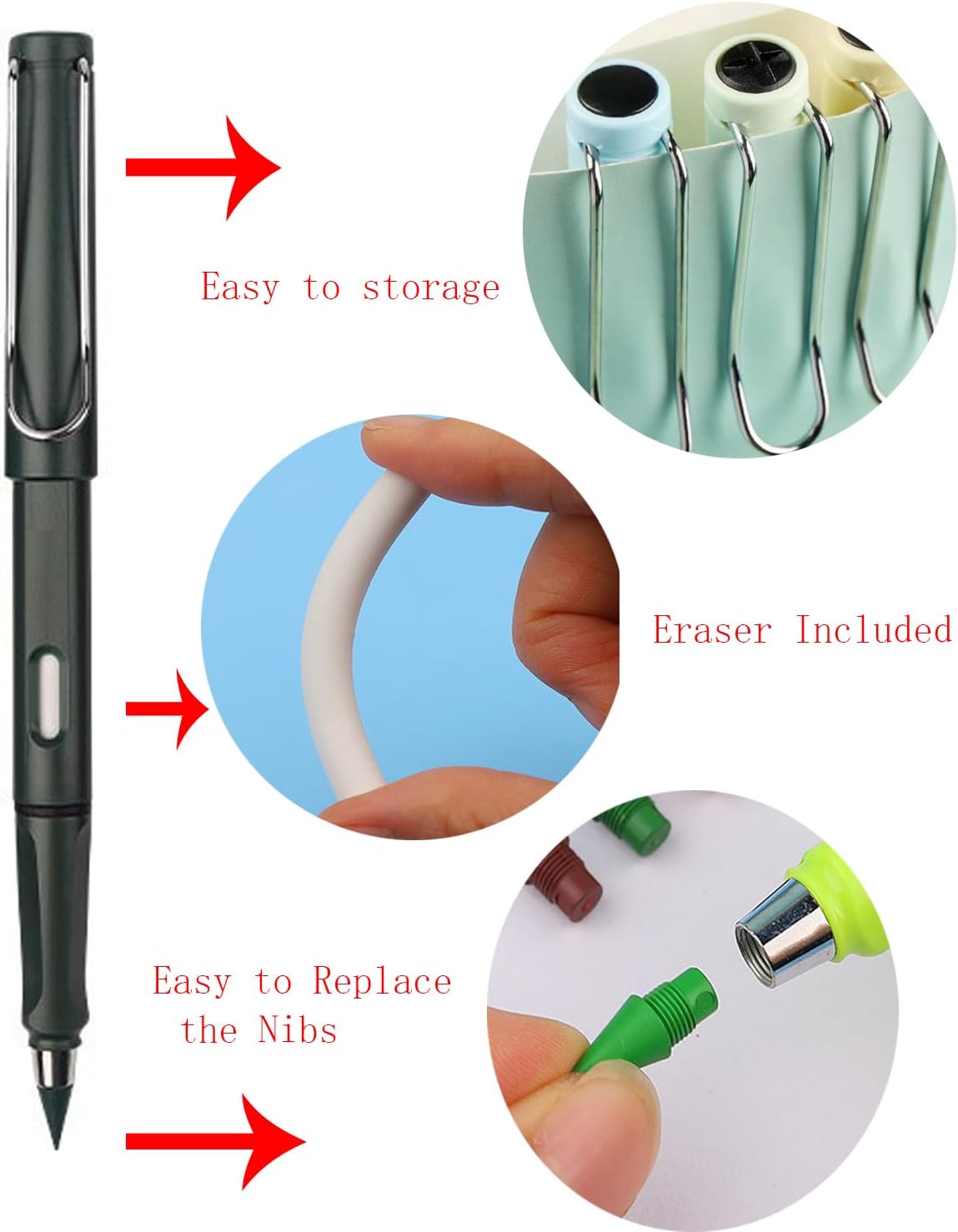 12 lápices de colores eternos sin tinta con borradores, lápices de metal para colorear, lápiz eterno con 12 cabezales reemplazables adicionales,
