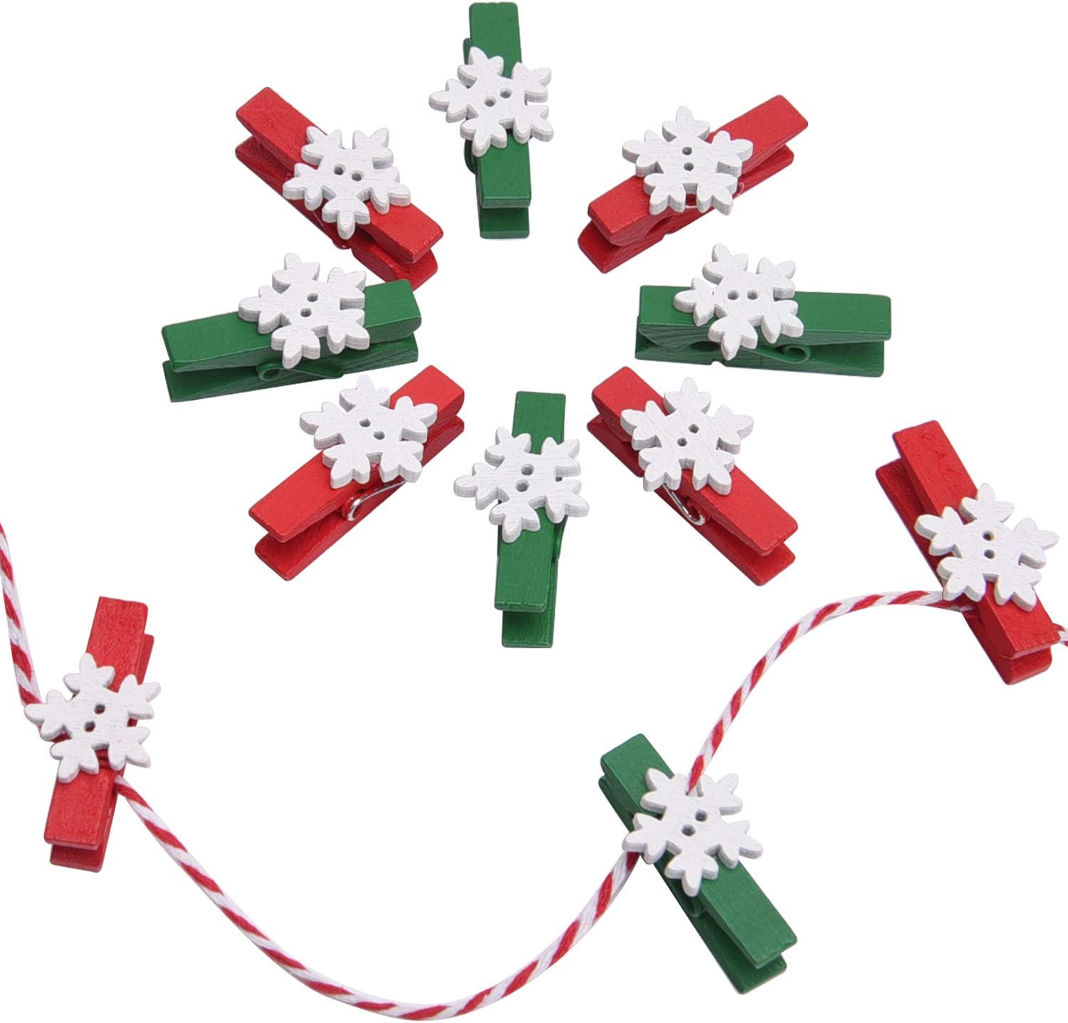 Clips de Navidad, 100 pinzas de madera de copo de nieve, pinzas rojas y verdes para decoraciones de fiesta de Navidad
