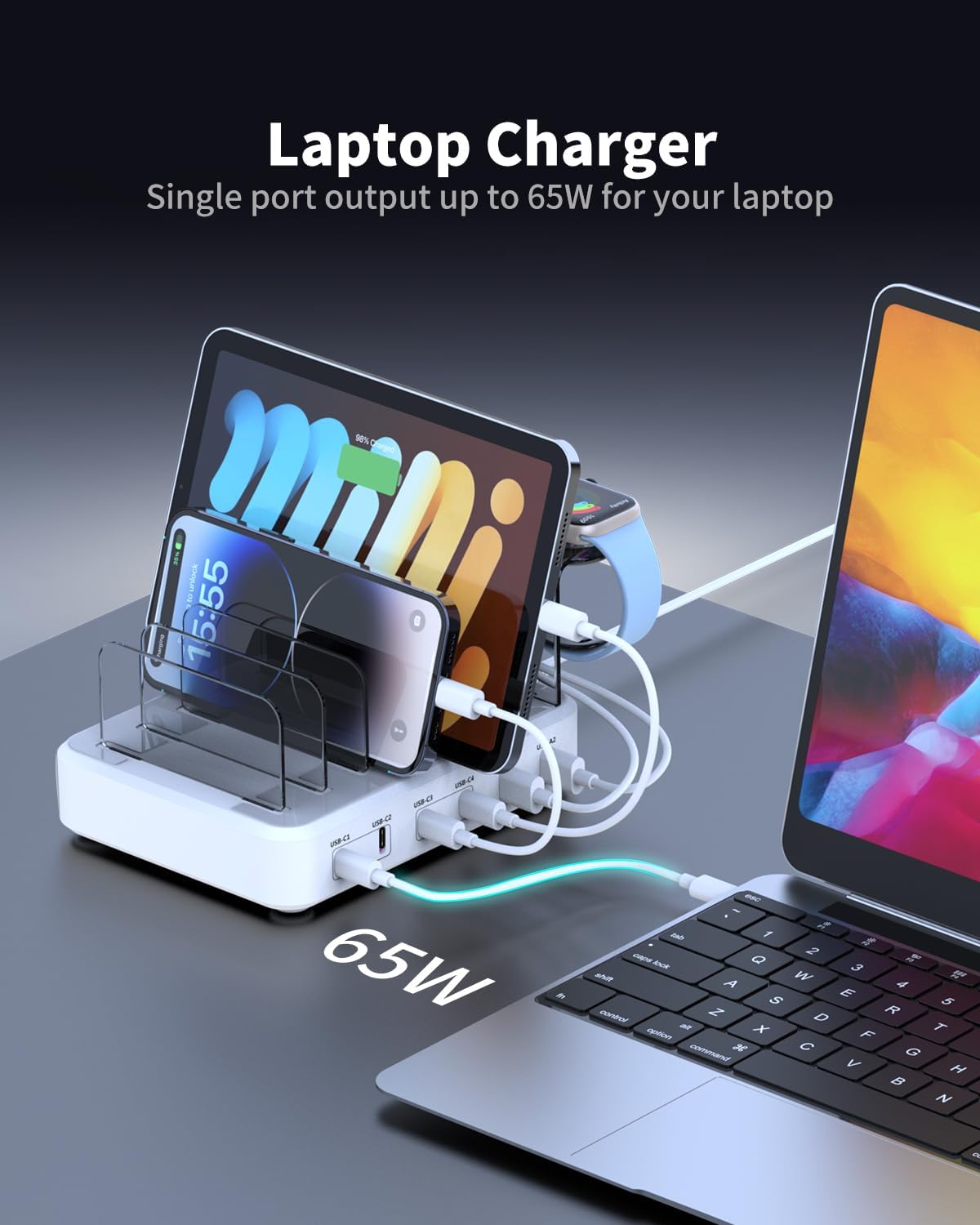 TYCRALI Estación de carga de 120 W para múltiples dispositivos Apple iPhone iPad Airpods, 4C2A (C1C2 65W+C3C4 45W) cargador rápido USB C para