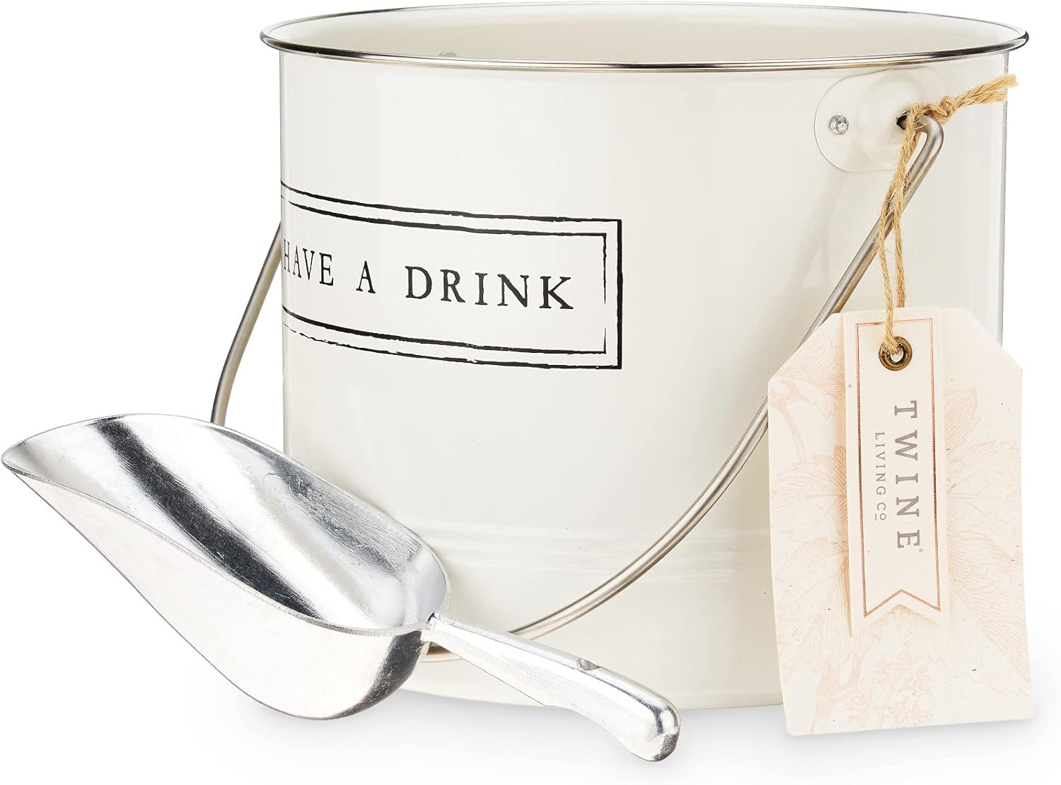 Twine Have A Drink – Cubo de hielo y cuchara de metal esmaltado blanco para fiestas, botella de vino y botella de cerveza en 1 galón