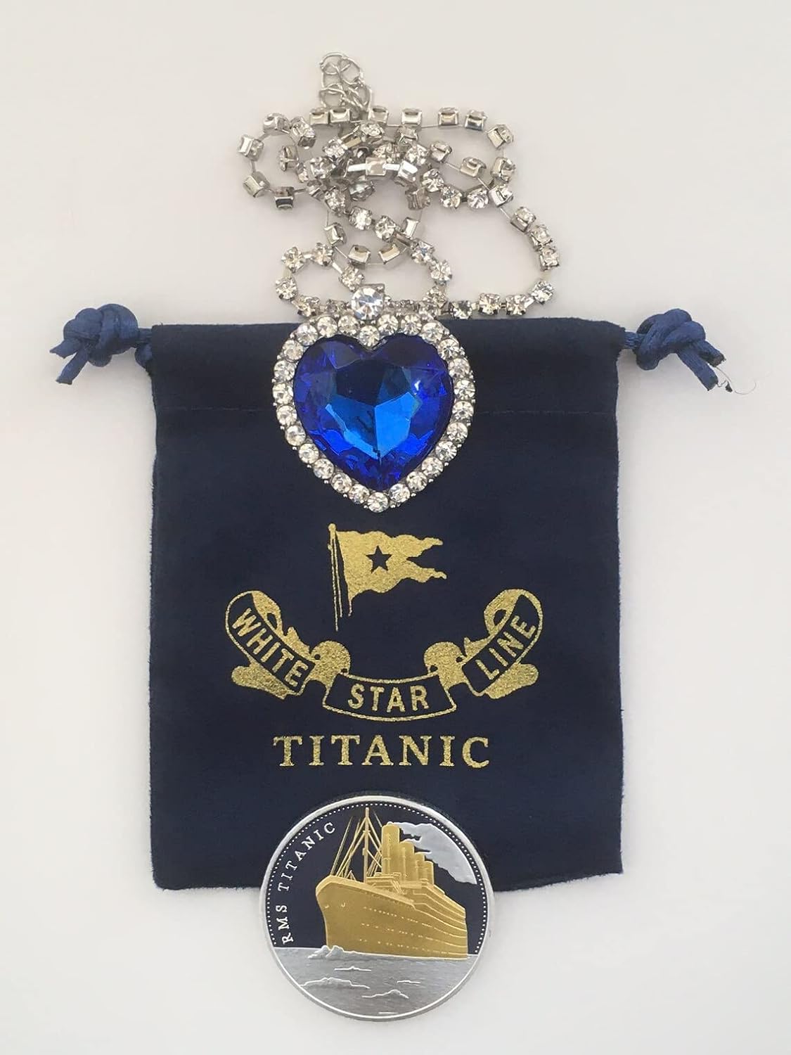 Titanic Heart of the Ocean Necklace and Titanic Coin
