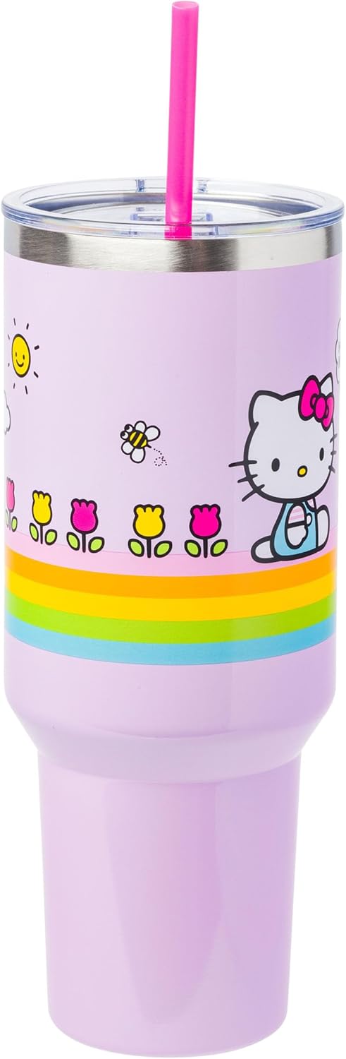 Silver Buffalo Sanrio – Vaso de acero inoxidable con asa y pajilla, diseño de flores de primavera y verano, diseño de flores de primavera y verano,