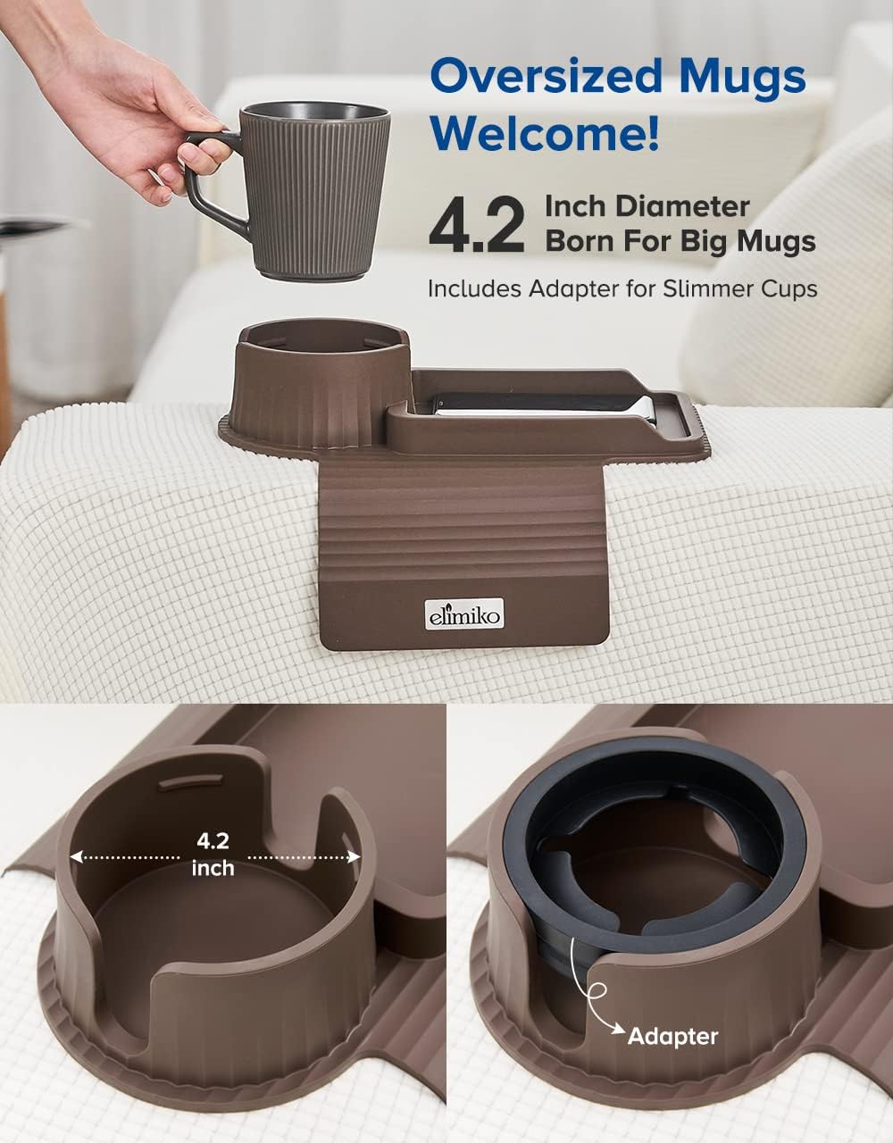 Elimiko – Bandeja para portavasos de sofá, de silicona, con soporte grande para tazas y bandeja, para tazas de gran tamaño, control remoto largo,