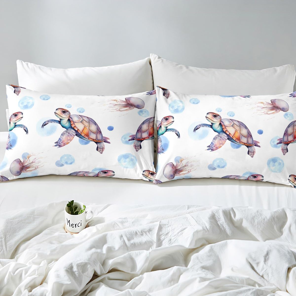 Juego de sábanas bajeras y fundas de almohada, juego de sábanas de tortuga marina tropical, juego de sábanas de tortuga nadando en el mar, juego de