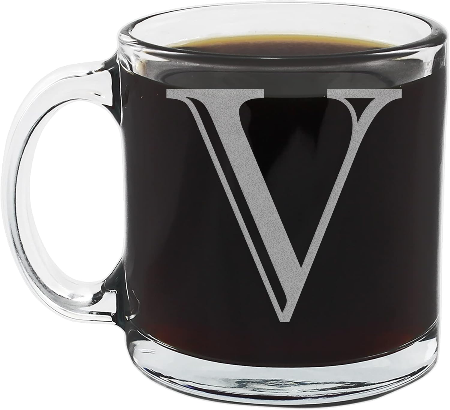 Spotted Dog Company Taza de café de vidrio transparente con monograma grabado de 12 onzas (letra V), regalos personalizados de café A-Z para amantes