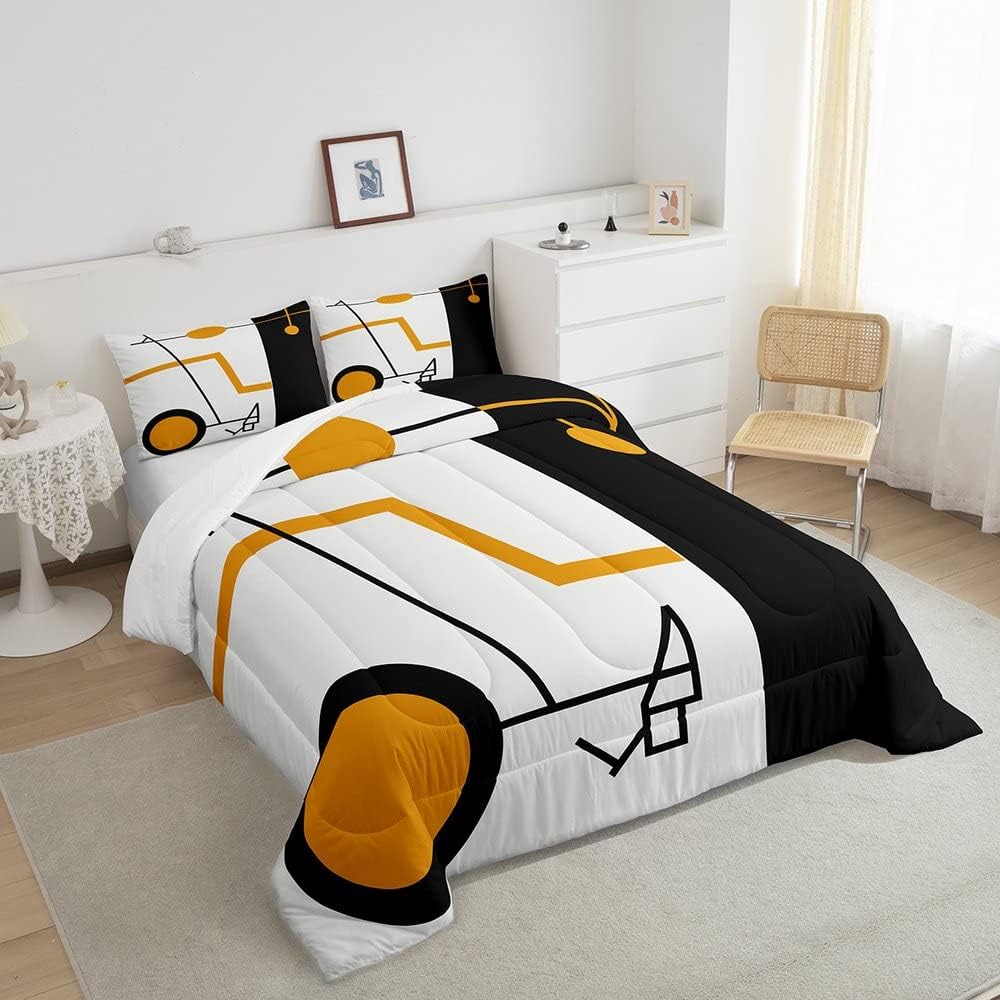 Juego de ropa de cama naranja, blanco y negro para niños y niñas, juego de edredón de rayas geométricas y remolinos circulares, edredón acolchado