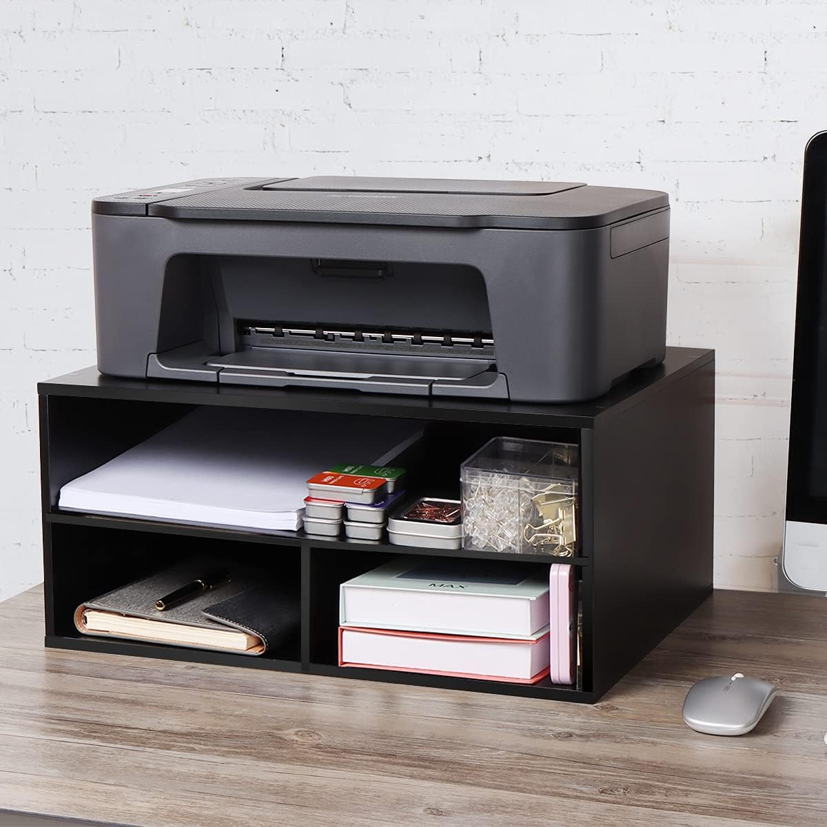 eMerit – Estantería de pie para impresora con organizador de papel de escritorio de madera para el hogaroficina, elevador de impresora, 2 neumáticos
