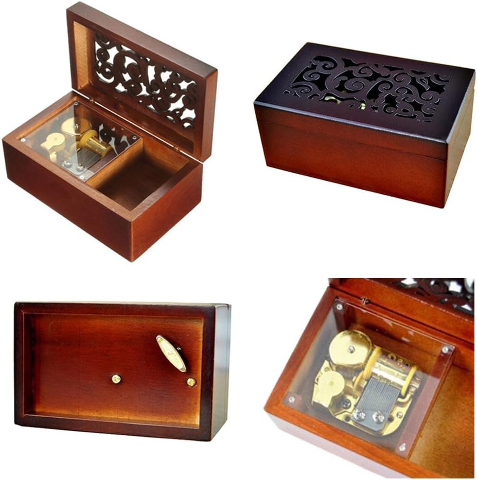 Caja musical de madera grabada antigua, caja musical de piel Elise, con movimiento chapado en oro, rectángulo