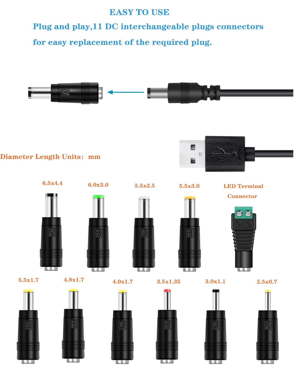Narpendu Cable de alimentación USB a CC de 5 V, cable de carga universal DC de 0.217 x 0.083 in con 11 puntas de conector intercambiables de 5 pies