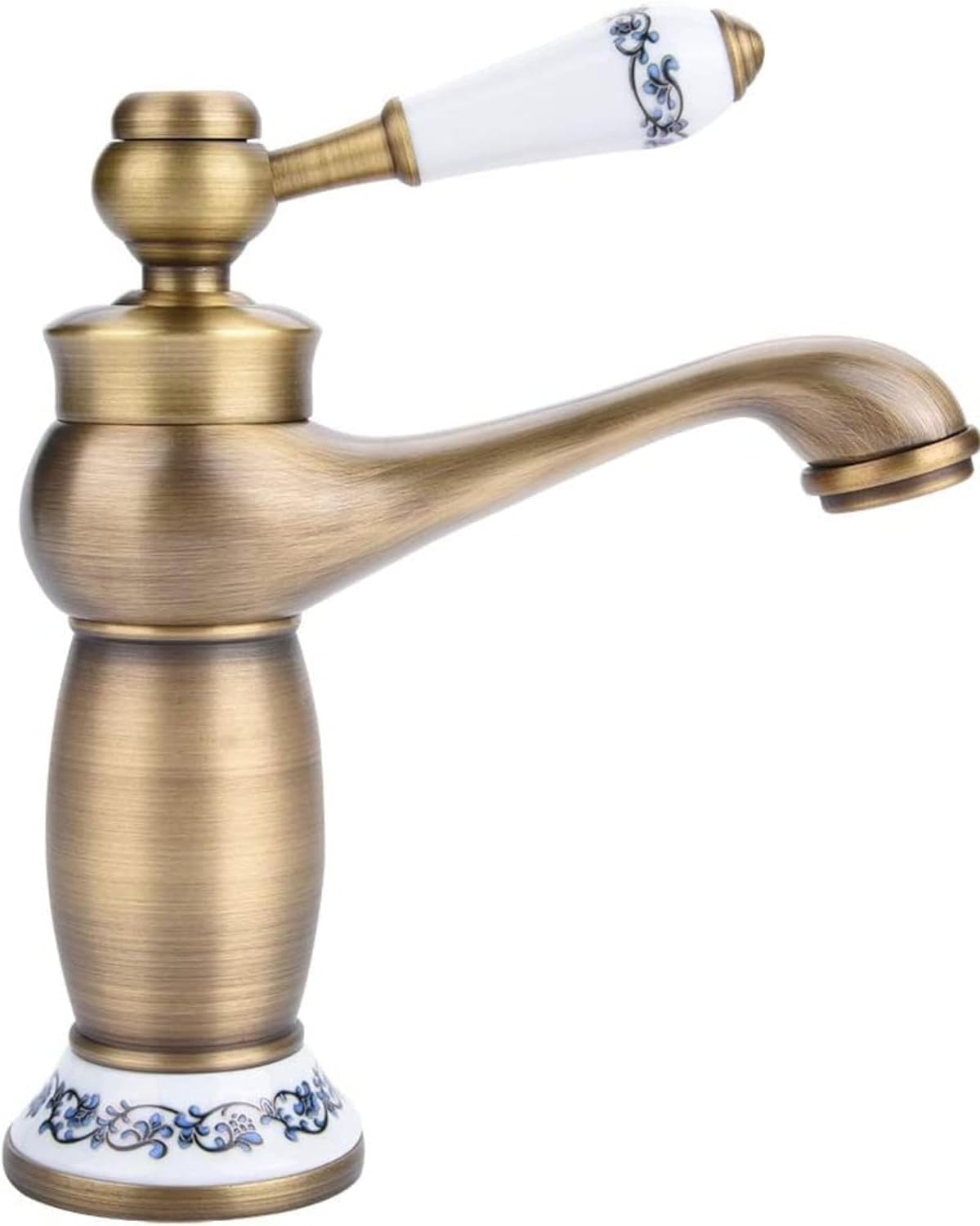 Grifo vintage de latón antiguo con porcelana azul y blanca, grifo mezclador de cuello largo para bañococina, lavabo de agua fría y caliente (acabado