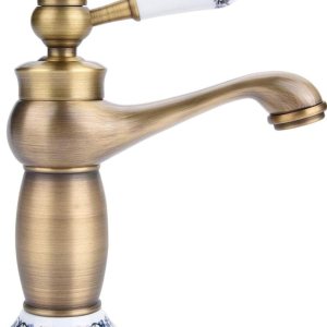 Grifo vintage de latón antiguo con porcelana azul y blanca, grifo mezclador de cuello largo para bañococina, lavabo de agua fría y caliente (acabado Grifo vintage de latón antiguo con porcelana azul y blanca, grifo mezclador de cuello largo para bañococina, lavabo de agua fría y caliente (acabado