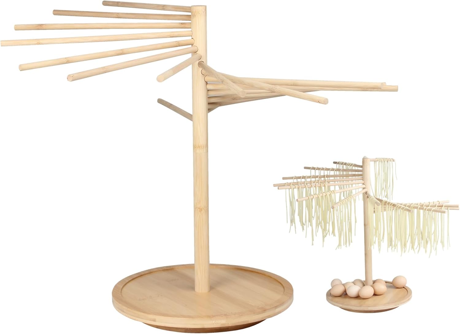 Kcgani Estante de secado plegable para pasta, estante de secado para fideos con bandeja giratoria, soporte grande de madera de bambú para secadora