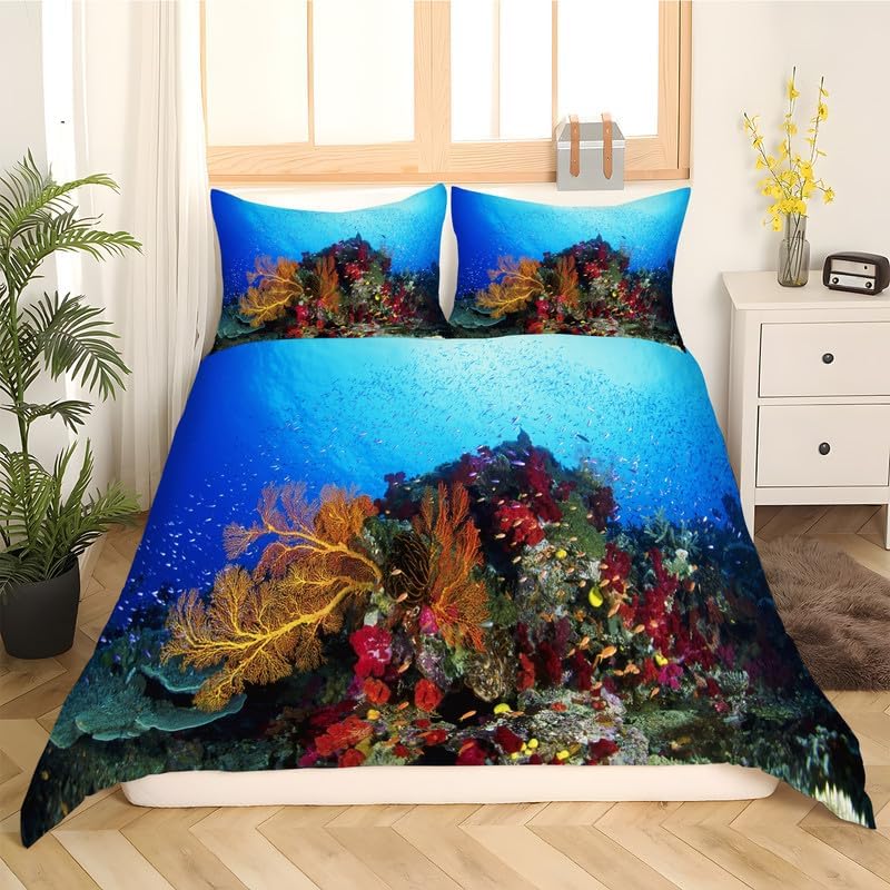 Dark Blue Coral Twin Duvet Cover View Print Twin Bedding Sets Soft Microfiber Comforter Cover and 2 Pillow Shams 20″X26″, Bed Set Duvet Covers with