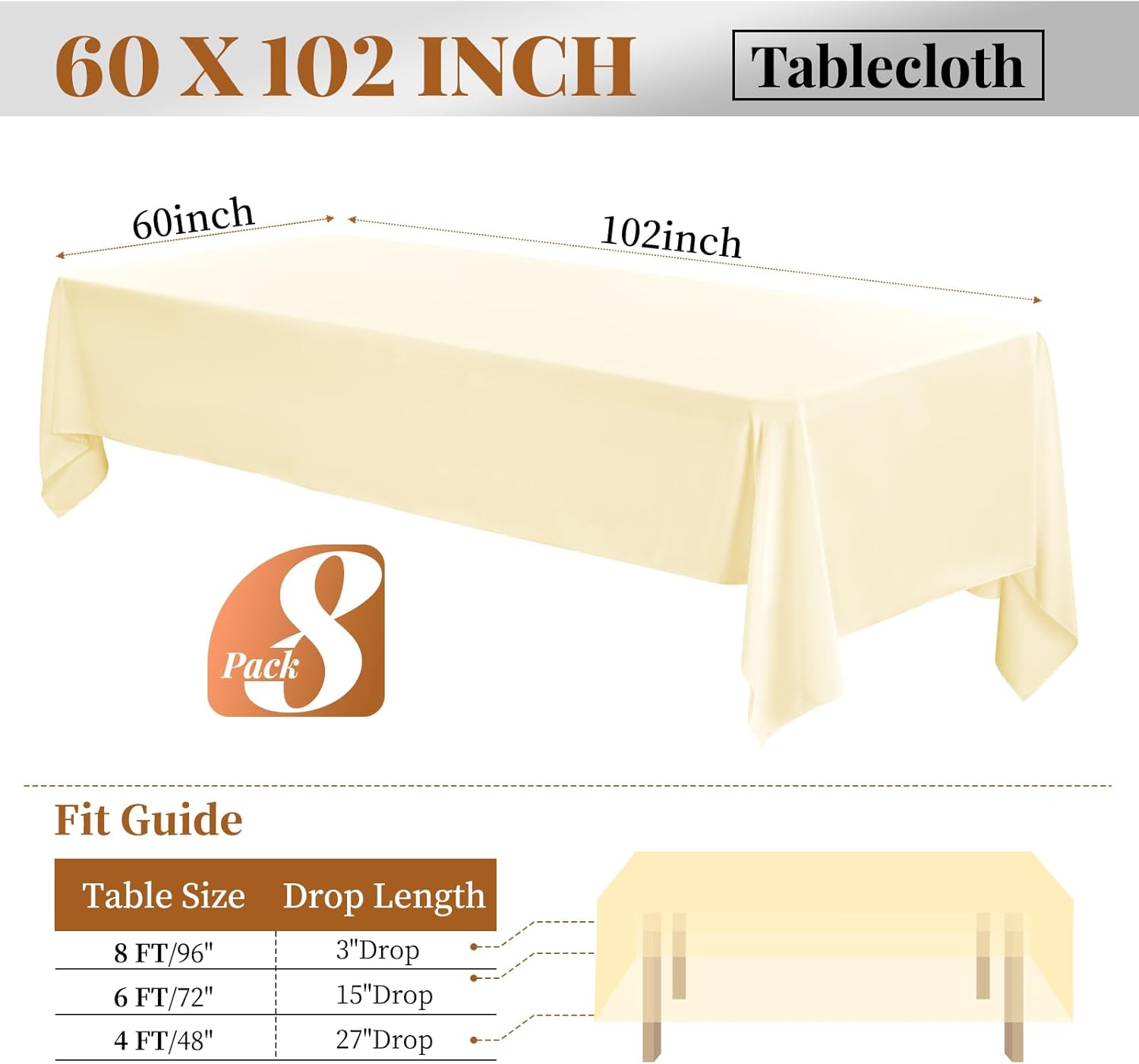 Paquete de 8 manteles de 60 x 102 pulgadas, color beige para mesas rectangulares de 6 pies, resistentes a las manchas y a las arrugas, mantel de