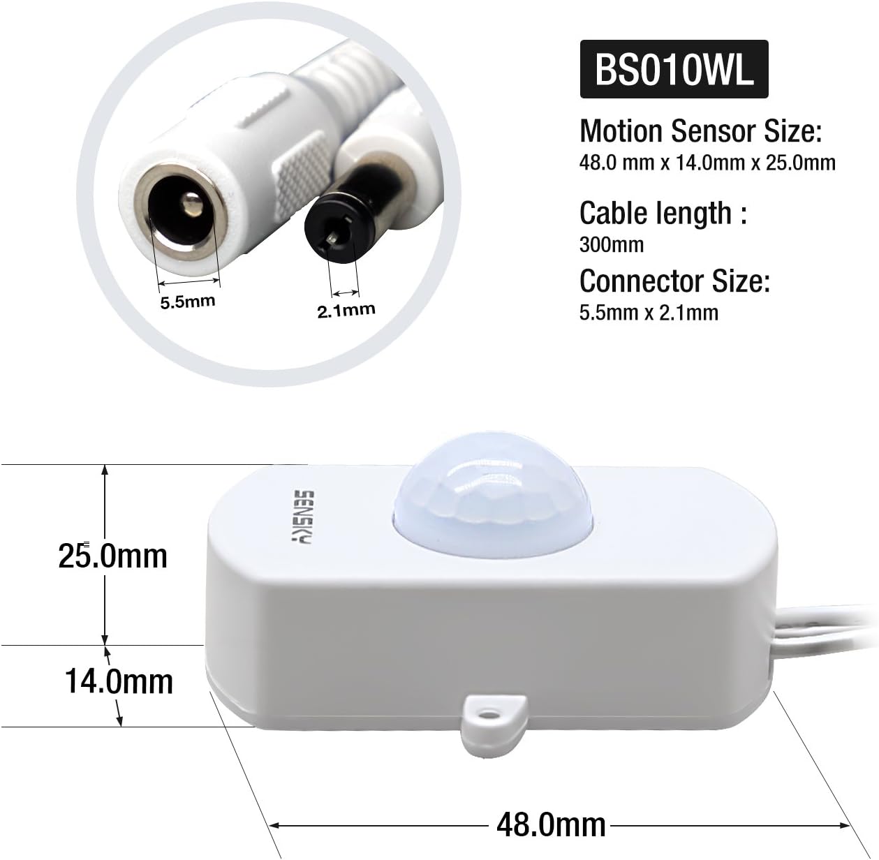 BS010WL DC 12v a 24v Mini Pir Sensor de Movimiento Interruptor de Ocupación Sensor de Ocupación para DIY Iluminación LED (Sensor de Luz, Tiempo de