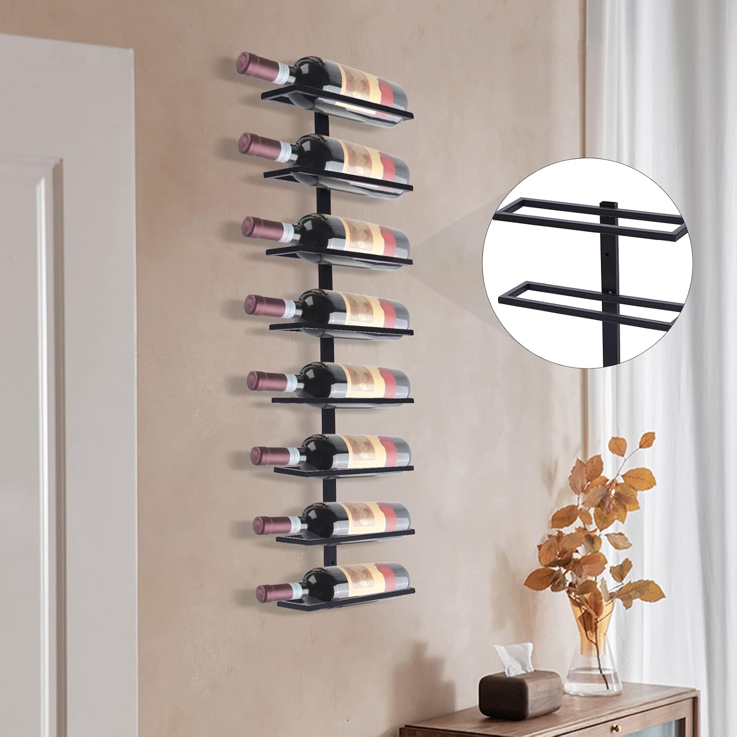 LEYSRIS Estante de vino de pared de 8 niveles, fácil acceso, almacenamiento de metal para vino negro, ahorro de espacio, con 8 botellas