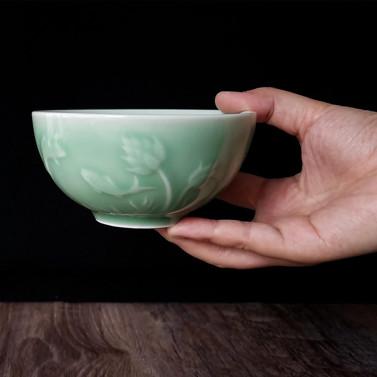 Celadon – Cuencos de cereales de porcelana de 10 onzas, 4.5 pulgadas, cuenco de arroz grabado Lotus apto para microondas y lavavajillas (4.5