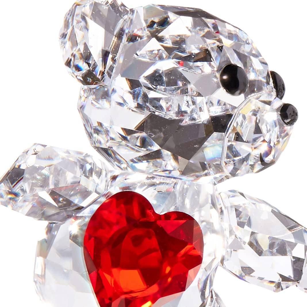 SWAROVSKI Kris Bears Happy Together – Juego de figuras de cristal Swarovski transparente con un corazón rojo y acento de flor rosa, parte de la