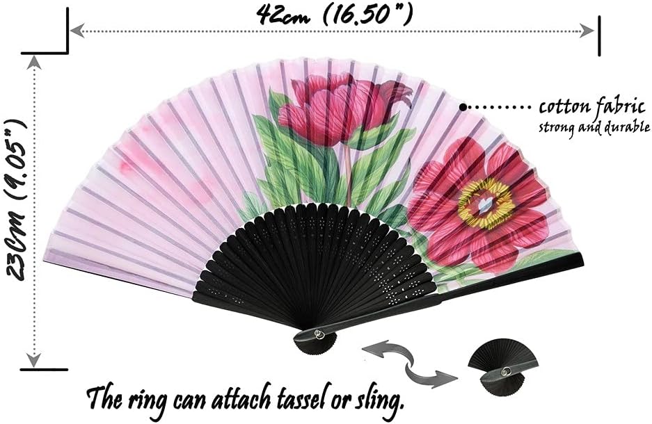 Salutto Abanicos de tela con patrón floral de mano, ideales para bodas, fiestas y eventos en la iglesia, peonía rosa