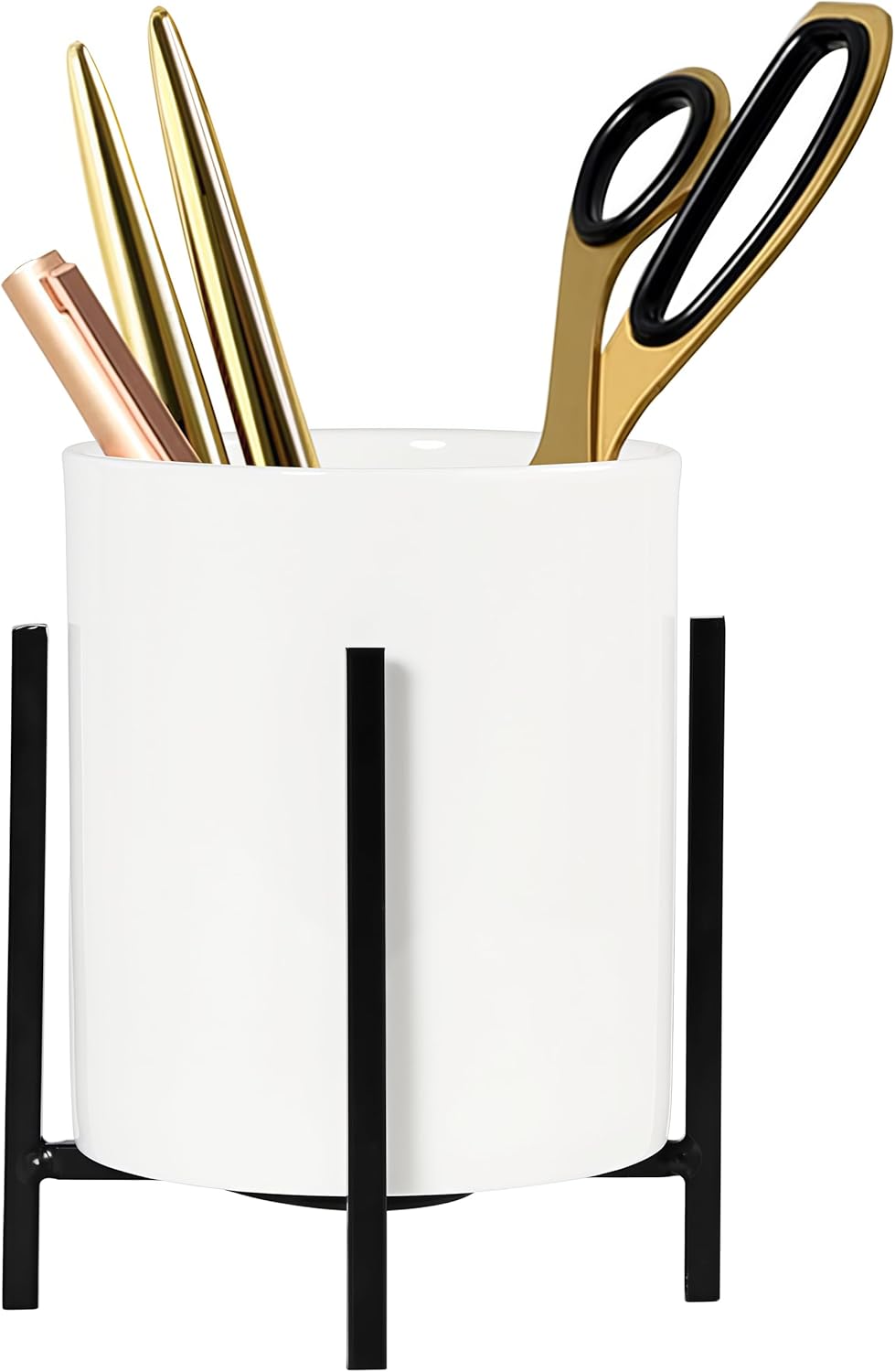 Taza de cerámica duradera para bolígrafo, taza de cerámica de escritorio con patas de metal, soporte para bolígrafo blanco y negro para oficina,