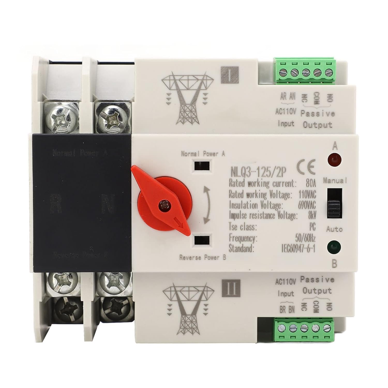 Interruptor de transferencia automática, larga vida útil AC110V 80A ignífugo anti envejecimiento interruptor de transferencia automática de doble