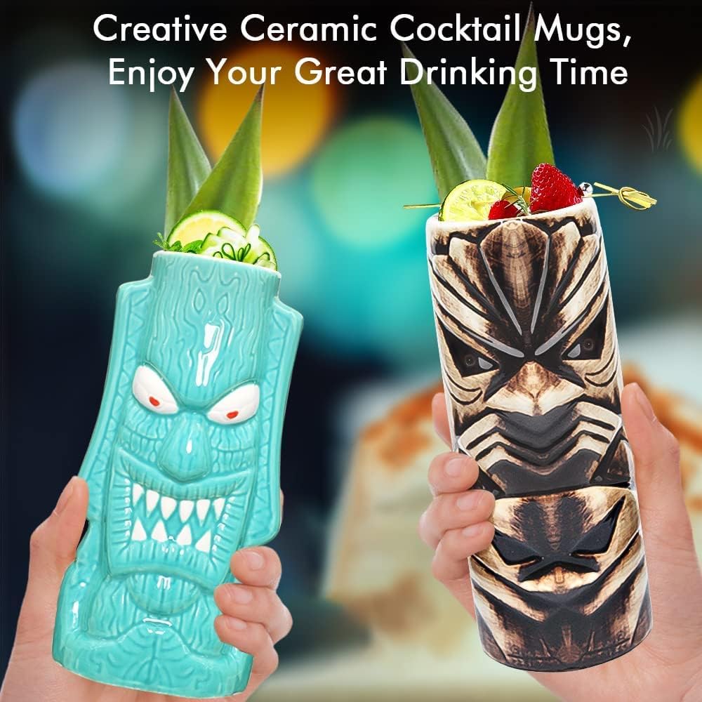 Tiki – Juego de 4 tazas de cerámica para fiestas Tiki para cócteles, decoración de bar, juego de tazas grandes hawaianas tropicales para beber